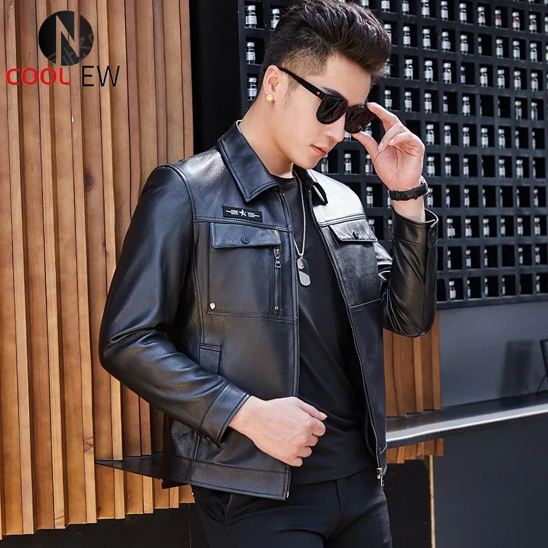 

2021 New Mens Sheepskin Real Leather Jacket Moto Biker Casual Pockets Slim Fit Genuine Leather Jacket Zipper Short Outwear Coats