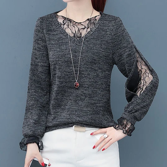 Women's spring long-sleeved top clothes fashion lace mesh stitching  ladies tops  women’s tops  blusas mujer  Casual  Solid