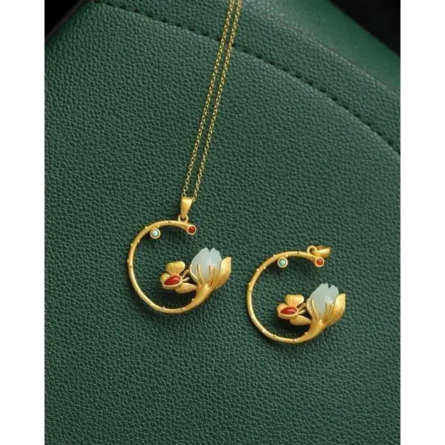 

Retro Original Ancient Silver Inlaid Natural Hetian White Jade Flower Pendant Female Gilding Exquisite Delicate and Classy