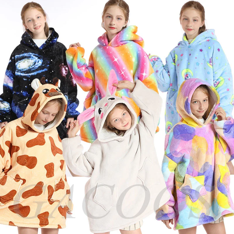 

Winter Kigurumi Blanket Unciorn Hoodies for Teen Girl Hooded Kids Girls Bathrobe Sofa Cozy Blankets Plush Warm Flannel Long Robe