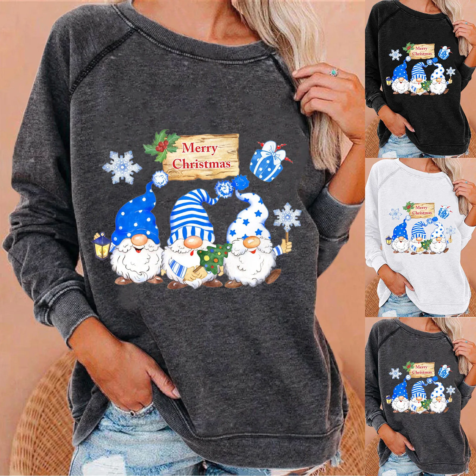 

Ladies Long Sleeve Trendy Print O Collar Sweatshirt Loose Christmas Top Blouse