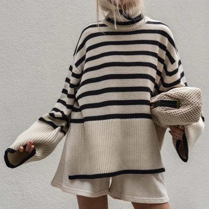 

Woman Turtleneck Sweater Knitting Striped Side Split Pullover Female Autumn Winter Casual Warm Sweaters Korean Tops 2021