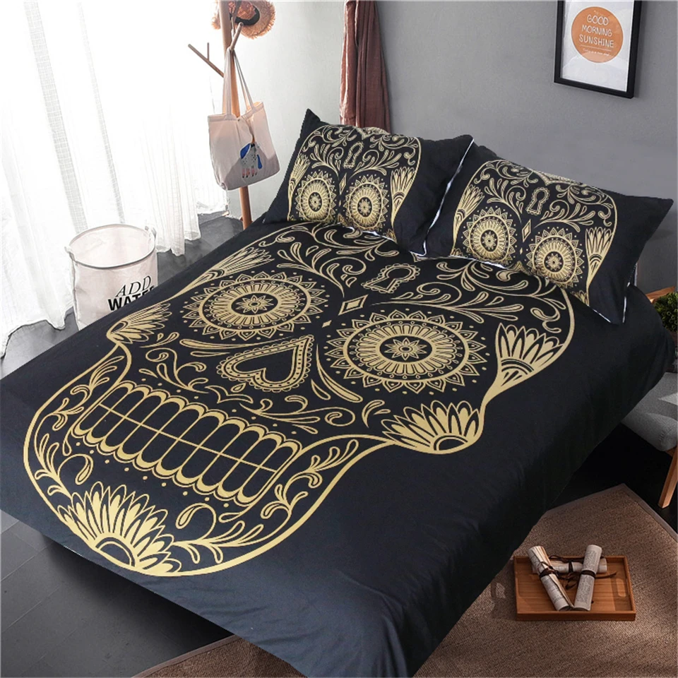 

Sugar Skull Bedding Set Golden Queen Duvet Cover Set Bohemian Black Home Textiles Floral Mandala fashion king Bedclothes 3pcs