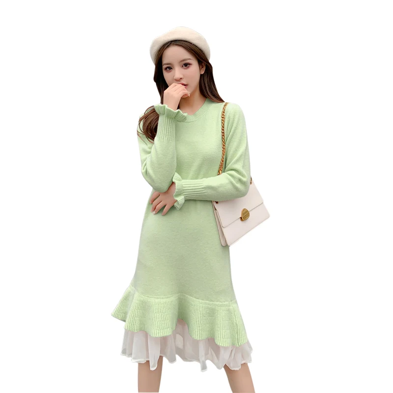 

New Elegant Women Autumn Winter sweater dress lady mid-length thickened bottoming lace stitching fake two-piece knitted dress