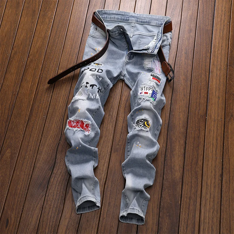 

Dropshipping Fashion Hipster Print Jeans Pants Mens Light Blue Hip Hop Streetwear Patchwork Embroidery Straight Denim Trousers