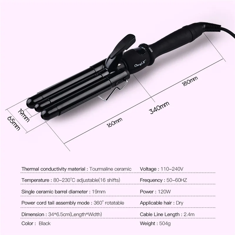 

CkeyiN Ceramic Triple Barrels Deep Wave Crimper Hair Curler Waver Electric Curling Iron Salon Anion Curls Hair Styler Tool