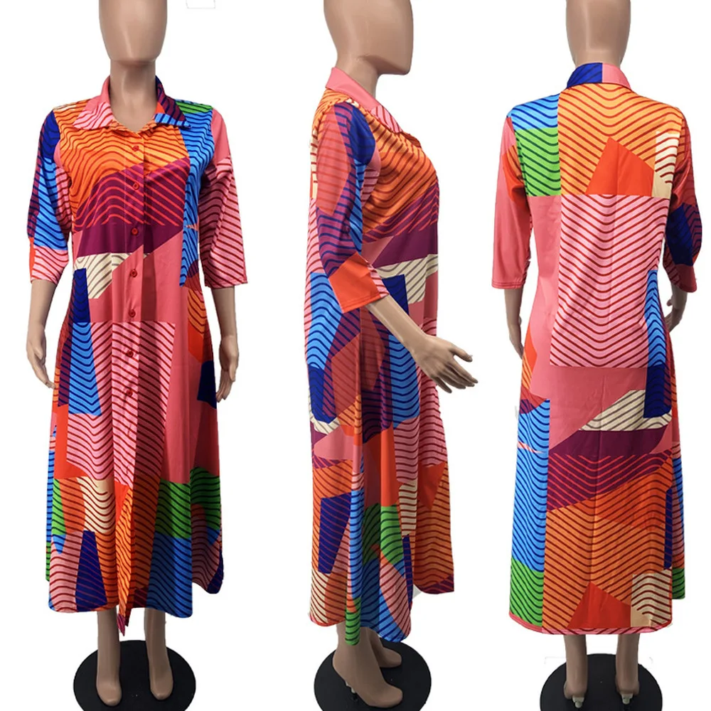 

Multicolor Geometric Print Long Blouse Dresses Women Turn Down Collar Three Quarter Sleeve Vestido Vintage Buttons Up Robe Femme
