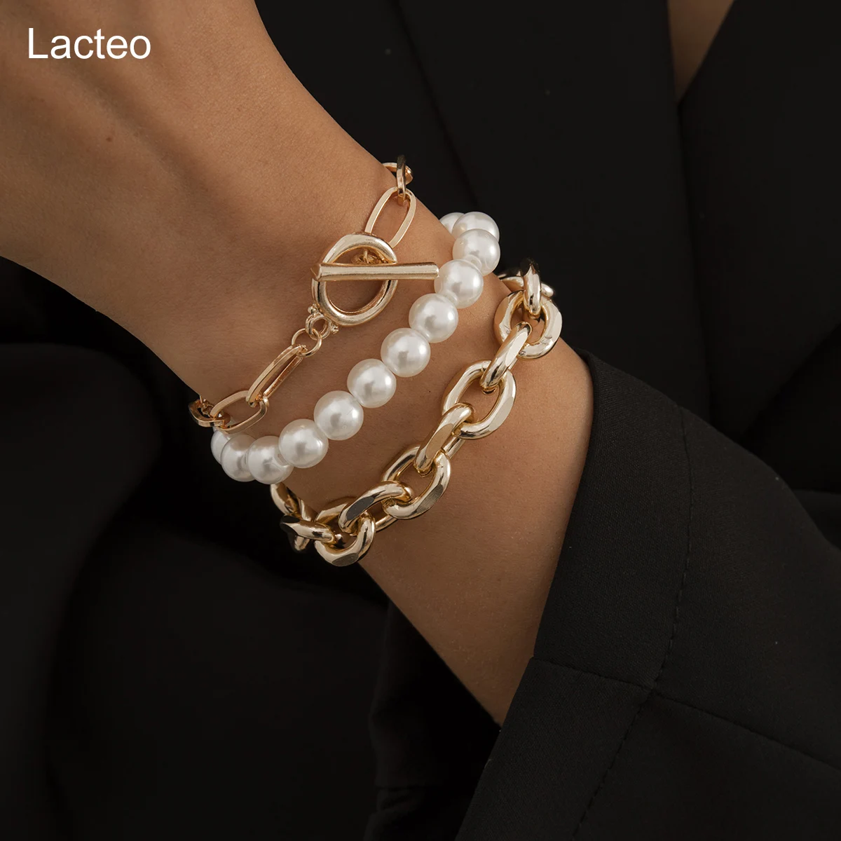 

Lacteo 3 Pcs/Set Kpop Imitation Pearls Asymmetric Bangle Bracelet Steampunk Twist Metal Cross Chain Charm Bracelet Jewelry Gift