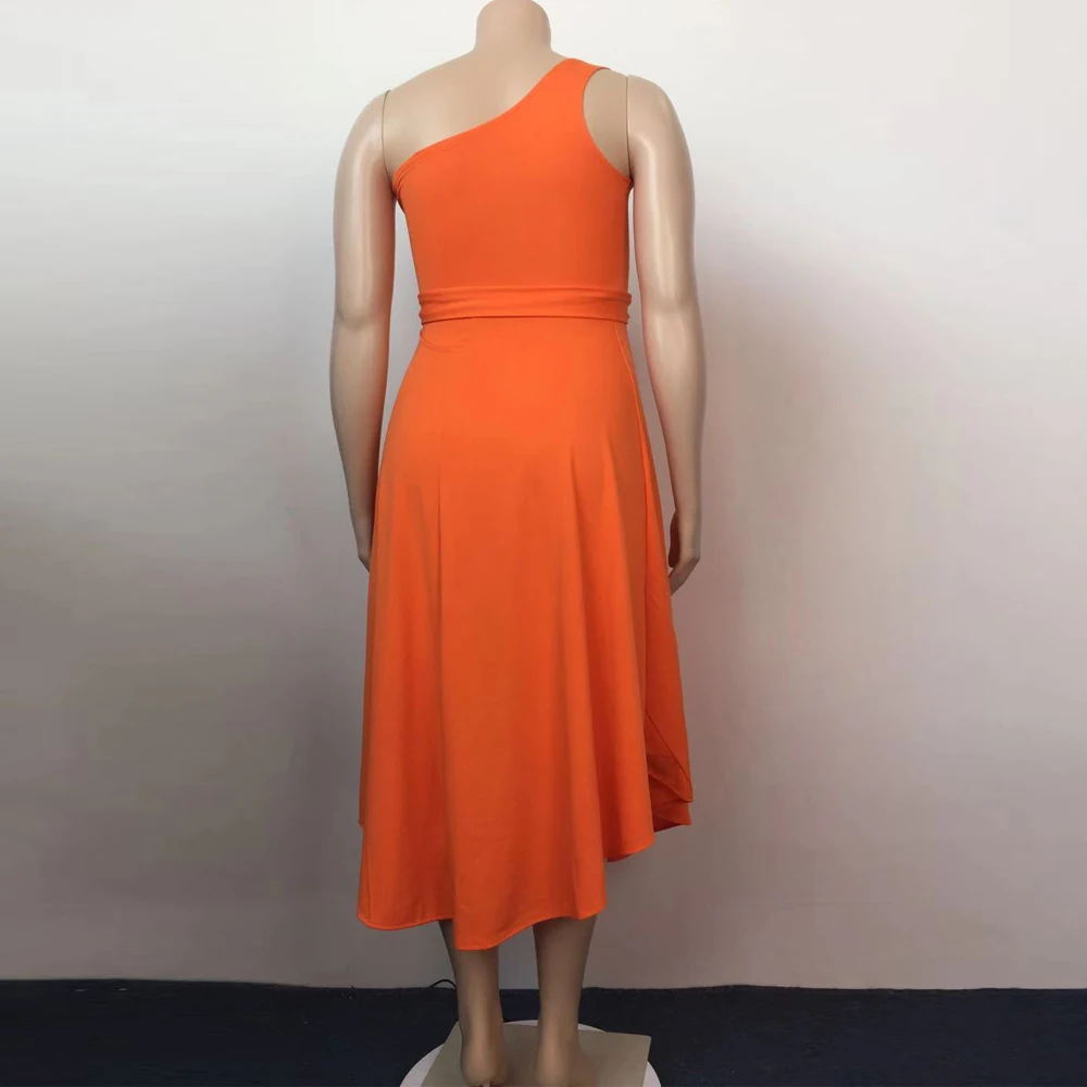 

Solid Side High Split Summer Fit and Flare Dress Women One Shoulder Backless Party Club Dress Fashion High Waist Sashes Vestidos