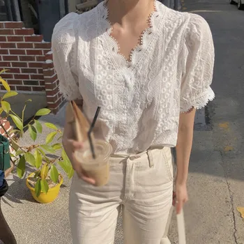 Summer Women Lace Hollow Out Blouse V-Neck Casual Short Sleeve Blouse Sweet Loose Solid Shirt Female Tops 1