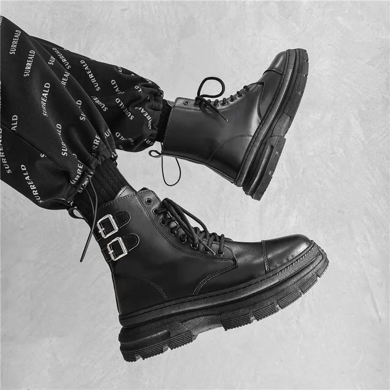

Ботинки мужские черные кожаные, на шнуровке, водонепроницаемые, на платформе, боевые, Повседневная зимняя обувь