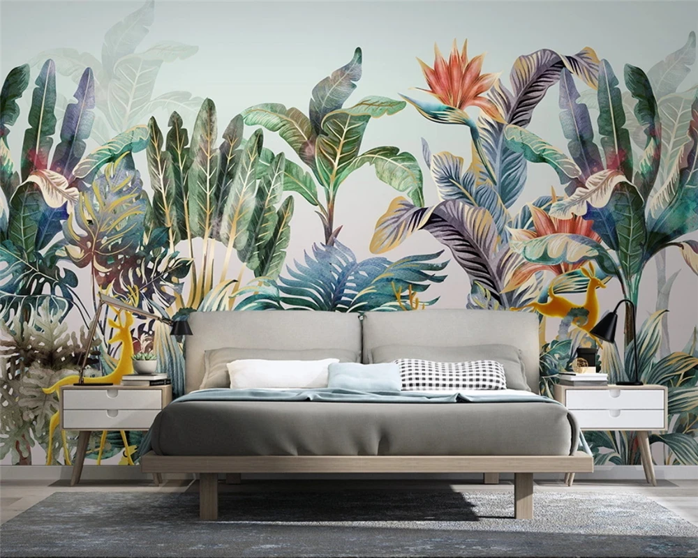 beibehang papier peint Custom hand-painted fashion Nordic tropical plant elk light luxury small fresh background wallpaper | Обустройство
