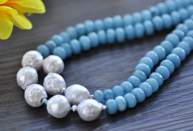 

P7510 43" 13mm White Round Edison Keshi Pearl Aquamarine Bead Necklace