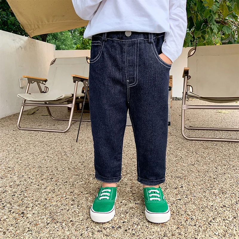 

Boys warm polar fleece inner plaid denim pants Children Korean style warm thicken straight jeans 2-7Y