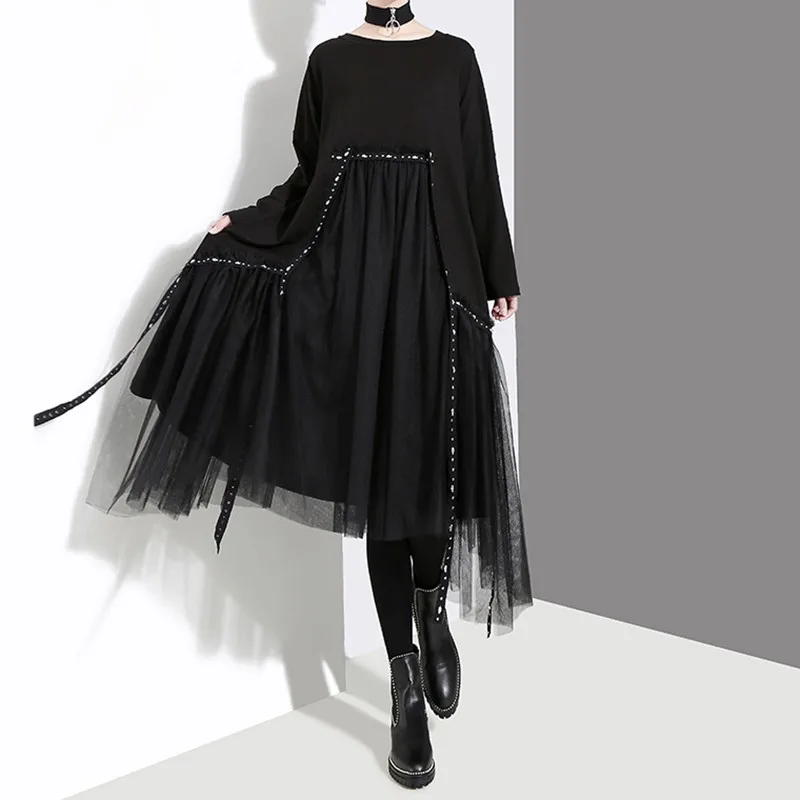 Асимметричное женское платье CHICEVER с длинным рукавом и круглым вырезом лоскутное