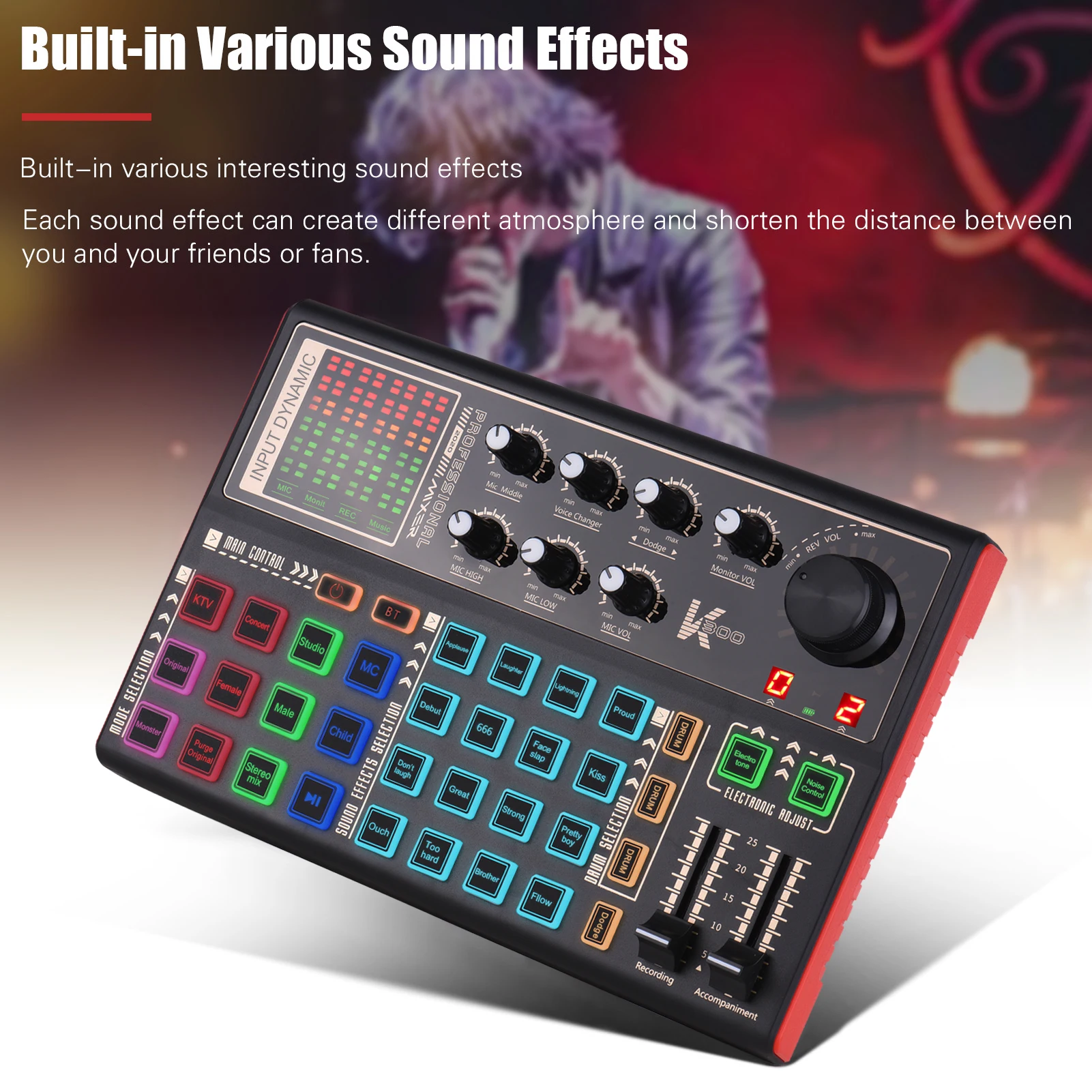 

Звуковая карта Muslady SK300, внешний преобразователь голоса, аудиомикшер, встроенный аккумулятор, несколько звуковых эффектов для записи музыки