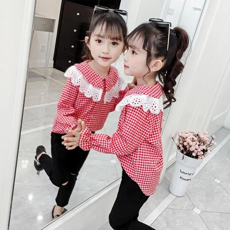 

Клетчатые блузки для девочек, рубашка для детей, Осенние школьные рубашки, модная блузка для девочек с длинным рукавом, кружевная рубашка от...