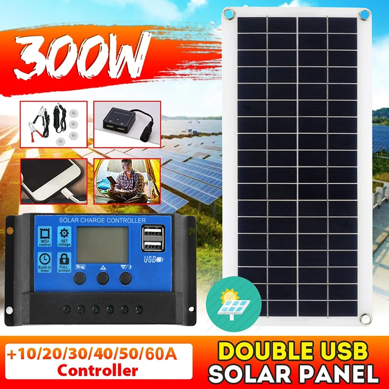 Panel Solar de 300W, célula Solar de 12V, controlador de 10/20/30/40/50A para coche, yate, batería, cargador de barco, suministro de batería al aire libre
