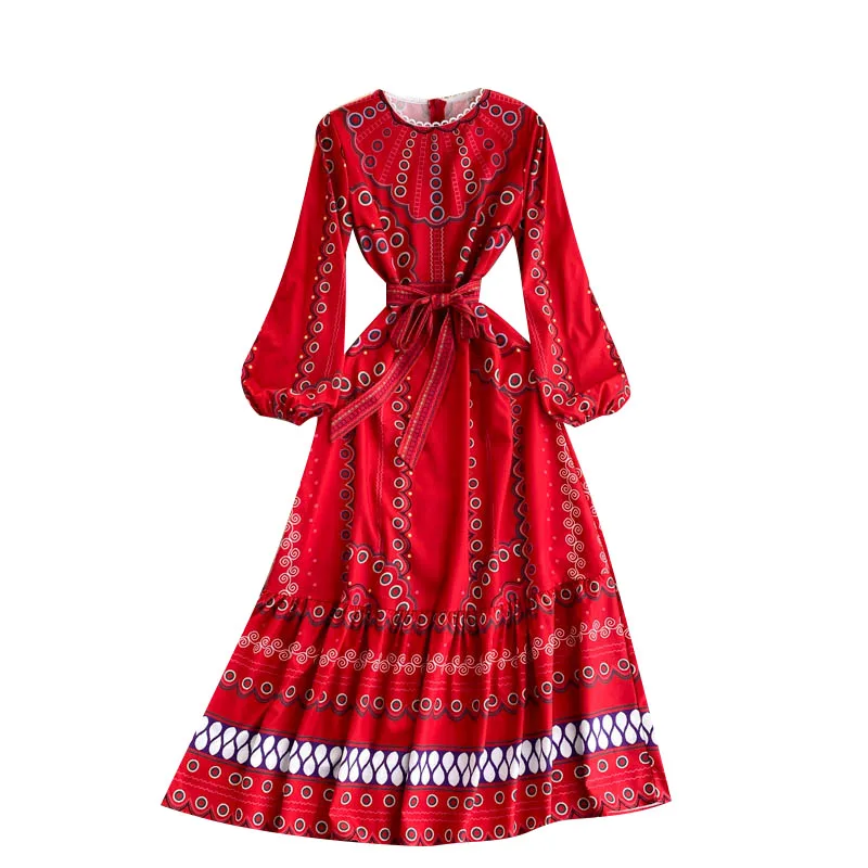 

2021 Spring New Fashion Temperament Vestidos Female Wave Pattern Print Round Neck Puff Sleeve Slim Midi Dress GK837