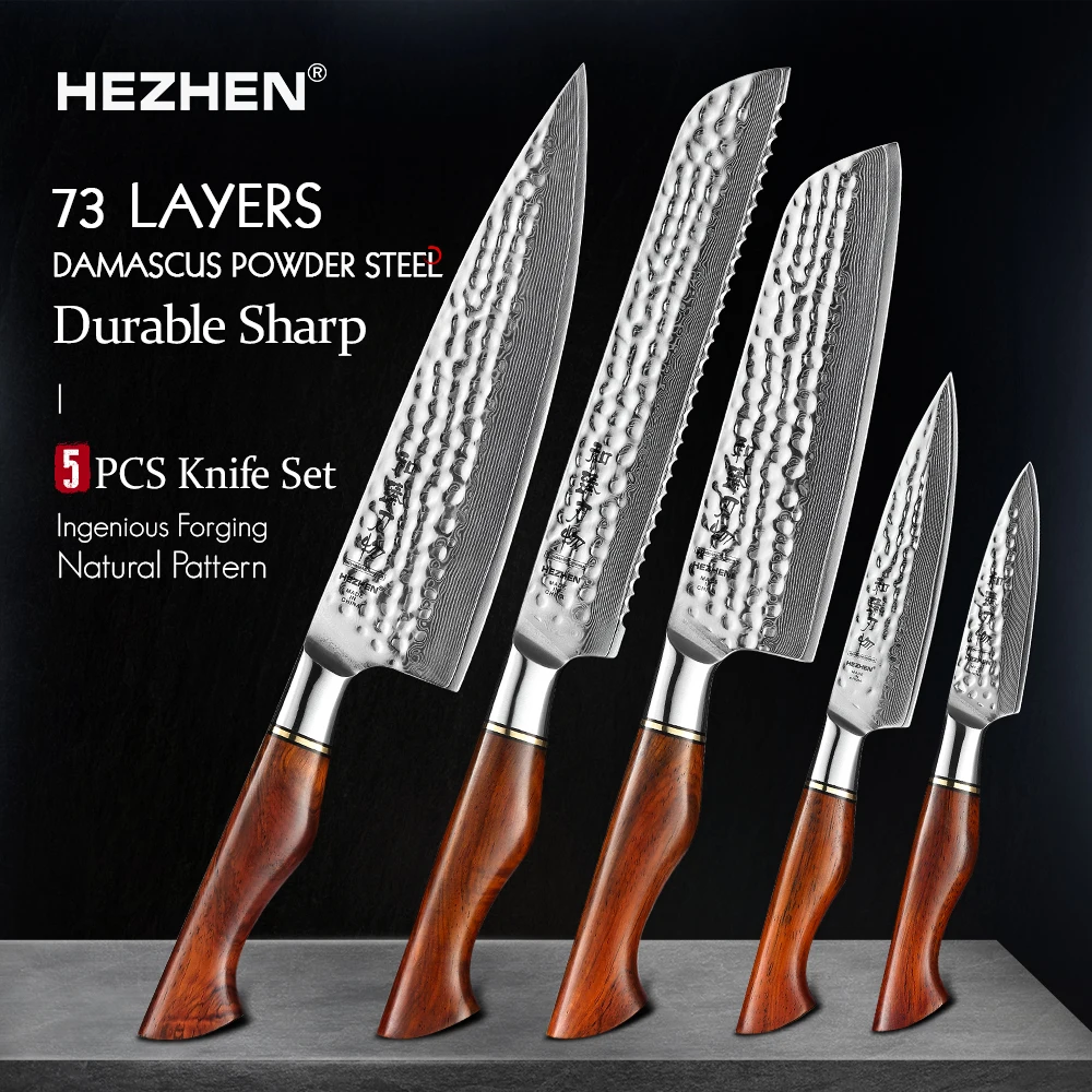 Набор кухонных ножей HEZHEN 1-5 шт. для нарезки 73 слоя ручка из дамасской стали