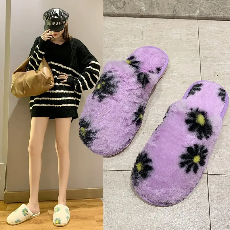 

Autumn Winter Slippers Faux Fur Mules Women Shoes Cover Round Toe Sexy Ladies Shoes Woman Slippers Furry Hairy Flower Slides