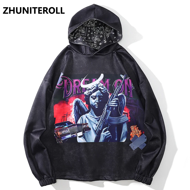 

2021 черные толстовки с капюшоном Harajuku с забавным принтом ангела, уличная одежда, толстовки в стиле хип-хоп, модный Свободный Повседневный пул...