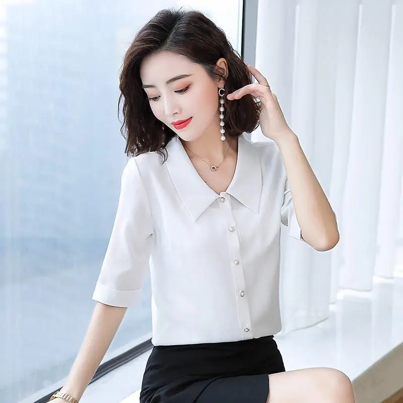 Women Spring Autumn Style Chiffon Blouses Shirt Casual Half Sleeve Turn-down Collar Striped Women's Loose Tops DF3555 |