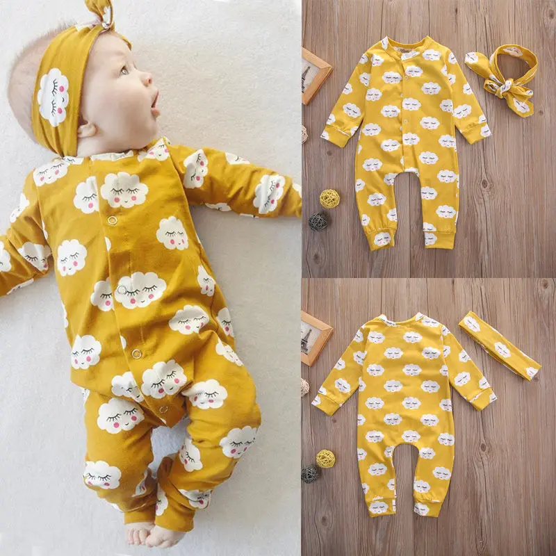 

Baby cloud print yellow long-sleeved trousers O-neck buttoned jumpsuit with elastic headband