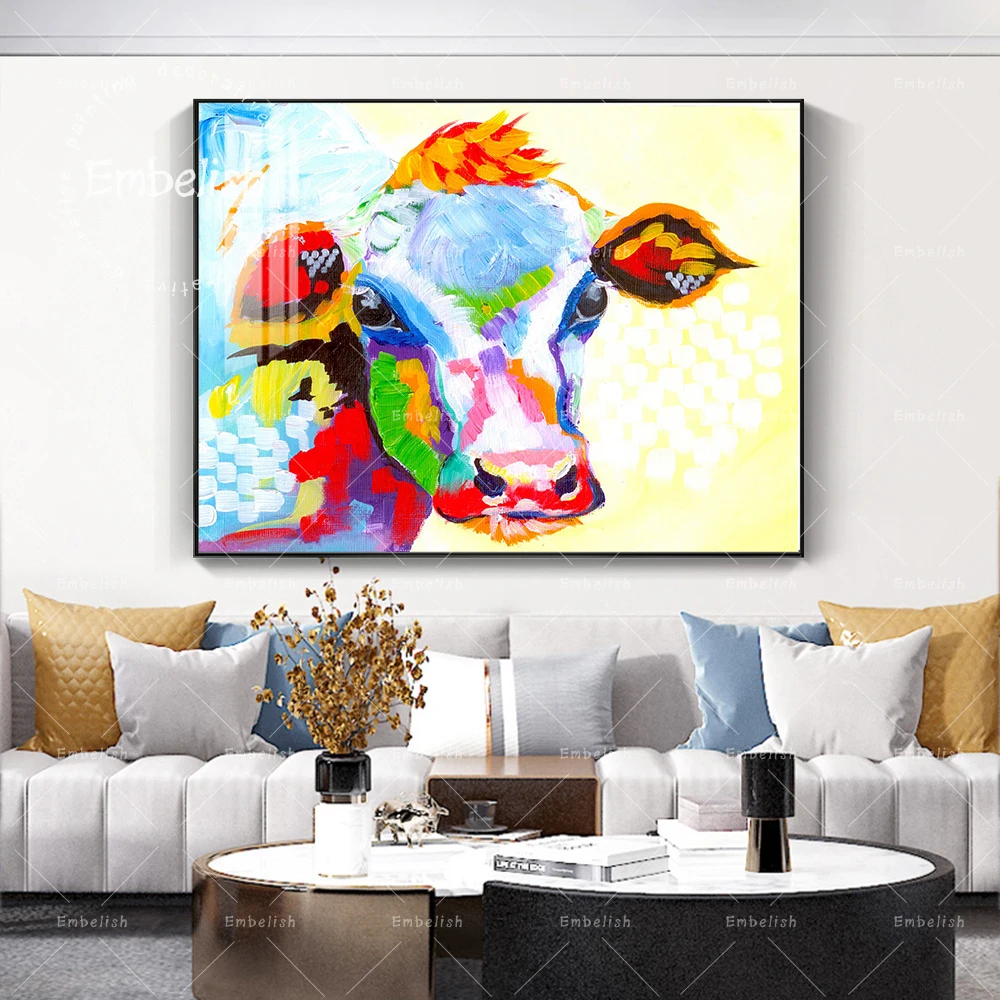 

Embelish Large Size Hand Draw Colorful Cow HD Print Canvas Oil Painting For Living Room Modern Home Decor Animals Wall Pictures