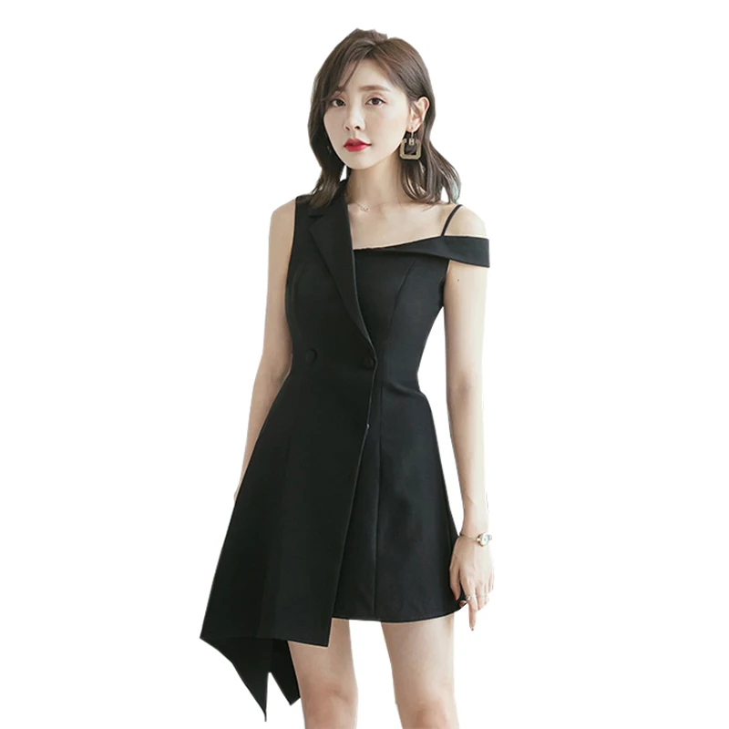 Черное элегантное короткое вечернее платье с асимметричным вырезом на одно