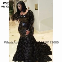 glitter black long sleeve plus size evening prom dress with 3d rose mermaid evening party dresses for womens
