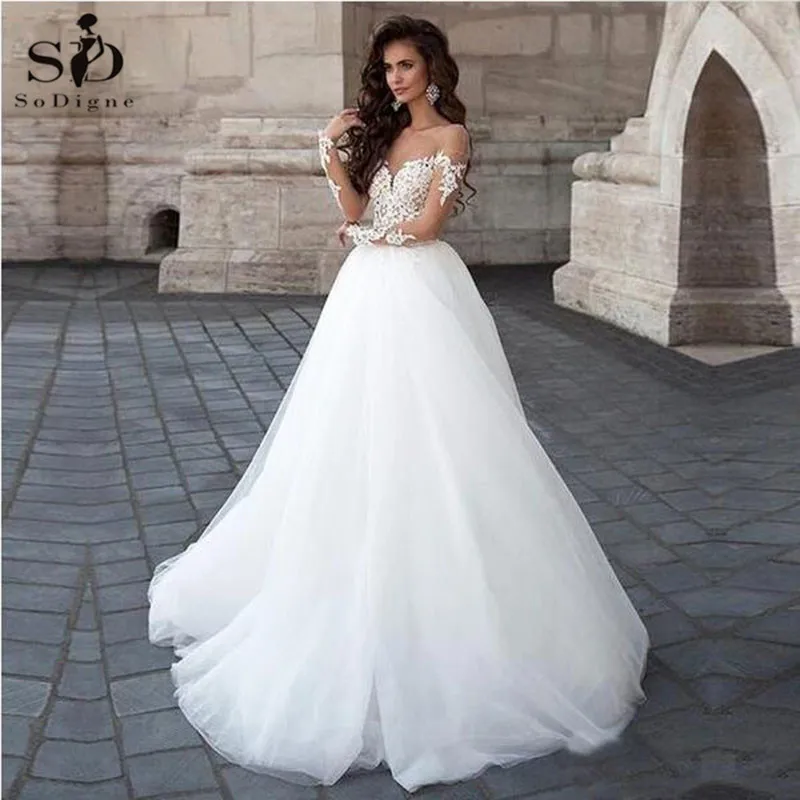 

Богемное свадебное платье, сексуальное кружевное платье с длинным рукавом и V-образным вырезом, свадебные платья с аппликацией и открытой с...