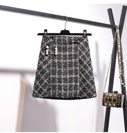 Skirt Smthma/Новые осенне-зимние женские комплекты из 2 предметов, Женский Яркий шелковый свитер с длинными рукавами+ твидовая юбка с жемчужинами - Цвет: Skirt