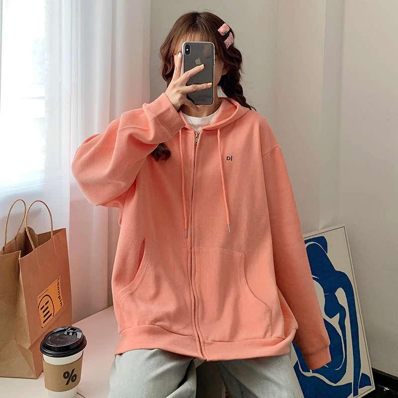 

Oversized Hooded Sweatshirt Lady Zip-up Women Korean Style Hoodies Vintage Solid Color Long Sleeve Spring Autumn Casual Coats