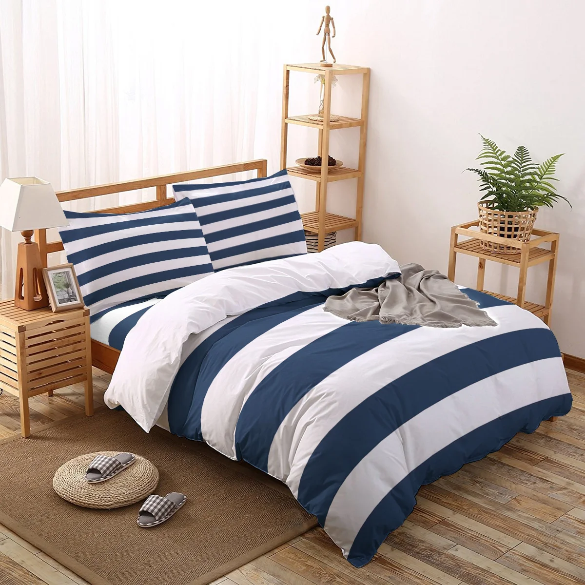 Полосатый синий и белый пододеяльник постельные принадлежности 4 шт. набор