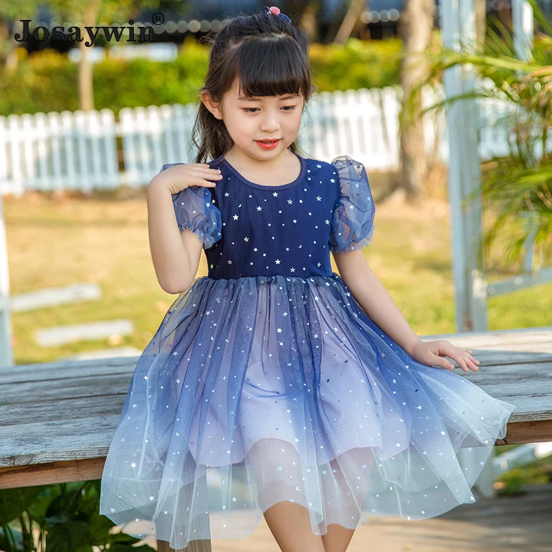 Vestido de malla con cielo estrellado para ni&ntilde;as, ropa de fiesta de princesa con manga abombada, nuevo estilo, 2021-3