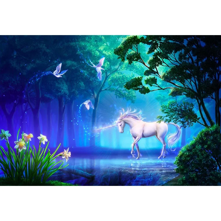 

Виниловый фон для фотостудии с изображением сказочного леса белой лошади единорога цветка 220x150 см