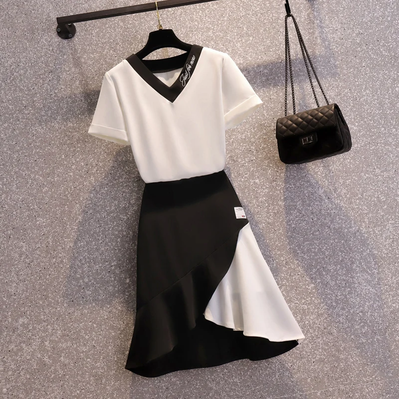 

Женский летний комплект из двух предметов, белый топ с V-образным вырезом и коротким рукавом и Вышивкой Букв и асимметричная юбка-трапеция, ж...