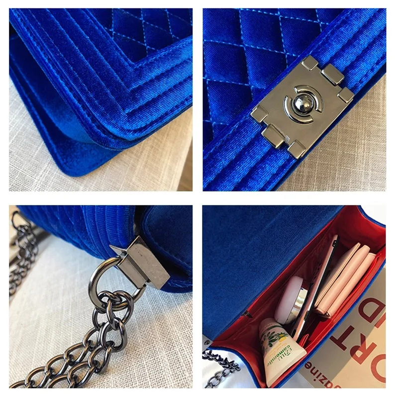 

New Fashion Autumn Winter Luxury Trendy Chain Messenger Handbags Lattice Velvet Purse For Women