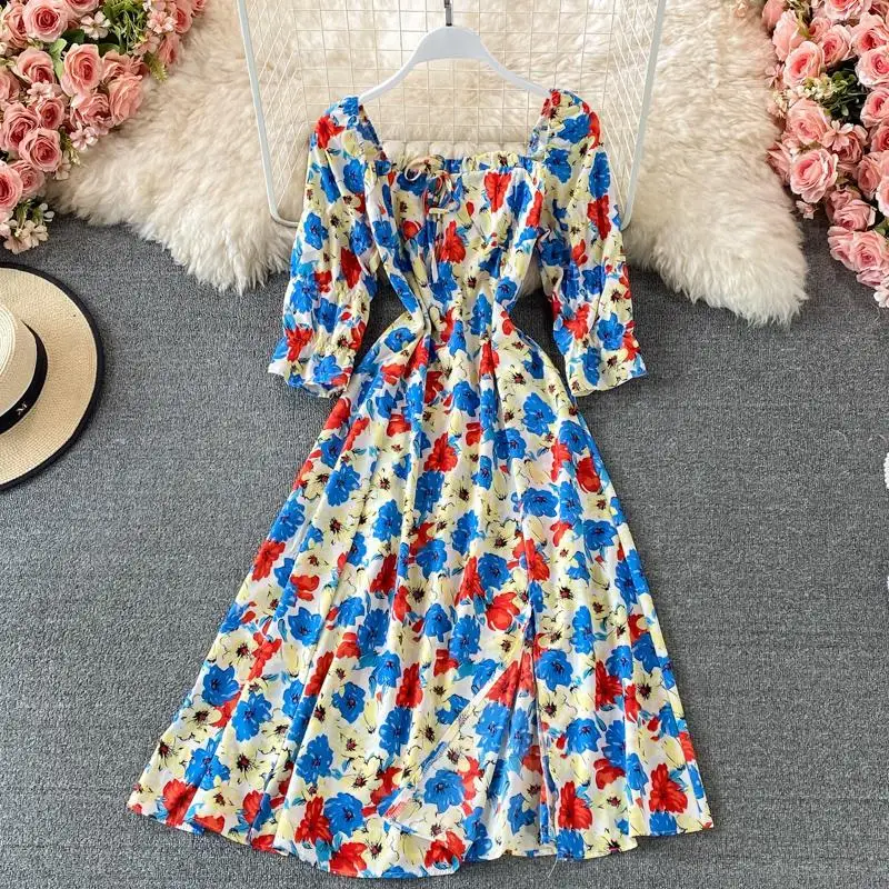

2021 Summer Floral Puff Sleeve Square Neck Boho Dress Women's Casual Streetwear Holiday Split Dress Ladies Beach Vestidos