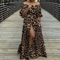 women high split sundress sexy off shoulder vintage leopard print maxi dress 2021 celmia autumn lantern sleeve beach vestidos