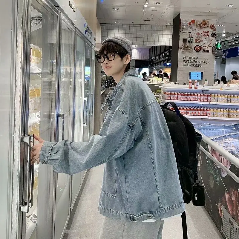 

Denim jacket men spring autumn new solid Big pocket coat loose wild Korean handsome male casual student cool oversizedjackets