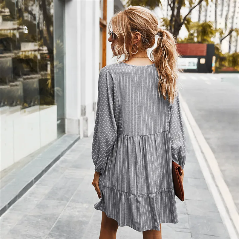 

Autumn Winter Striped Dress Women Casual V Neck Full Sleeve Simple Oversize Dress For Women 2021 New Fashion