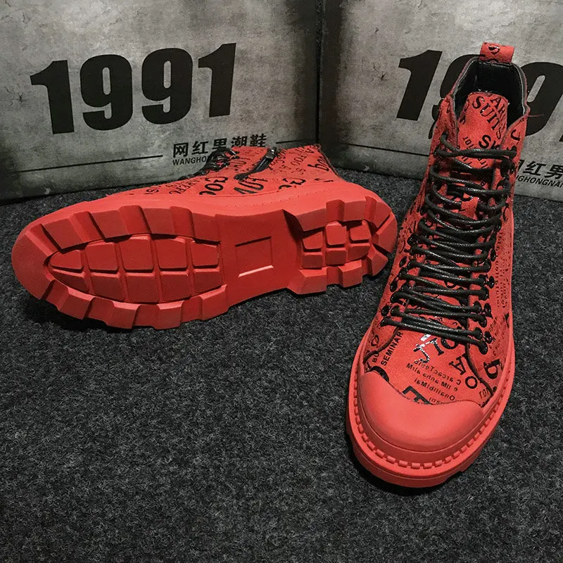 Harga Sepatu Bot Tentara Pria Sepatu Bot Pergelangan Kaki Kasual Sepatu Kulit Tinggi Sepatu Bot Militer Grafiti Hip Hop Merah Pria Sepatu Sneakers NA-32