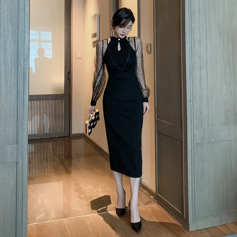 2020 для женщин в винтажном стиле Сезон осень платье до середины икры с длинным