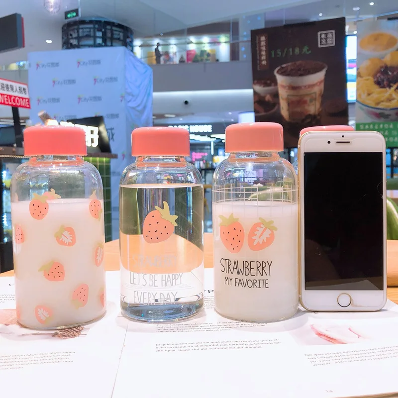 Милая Клубничная бутылка для воды мультяшная прозрачная стеклянная чашка с
