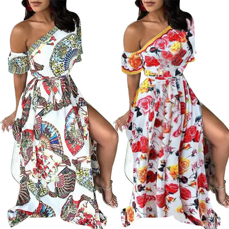 Женское длинное платье макси в народном стиле с цветочным принтом на одно плечо