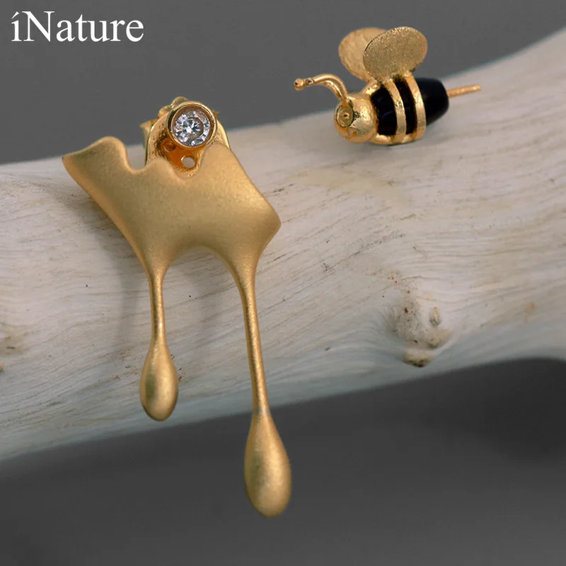 Позолоченные серебряные серьги INATURE 18K асимметричные в виде