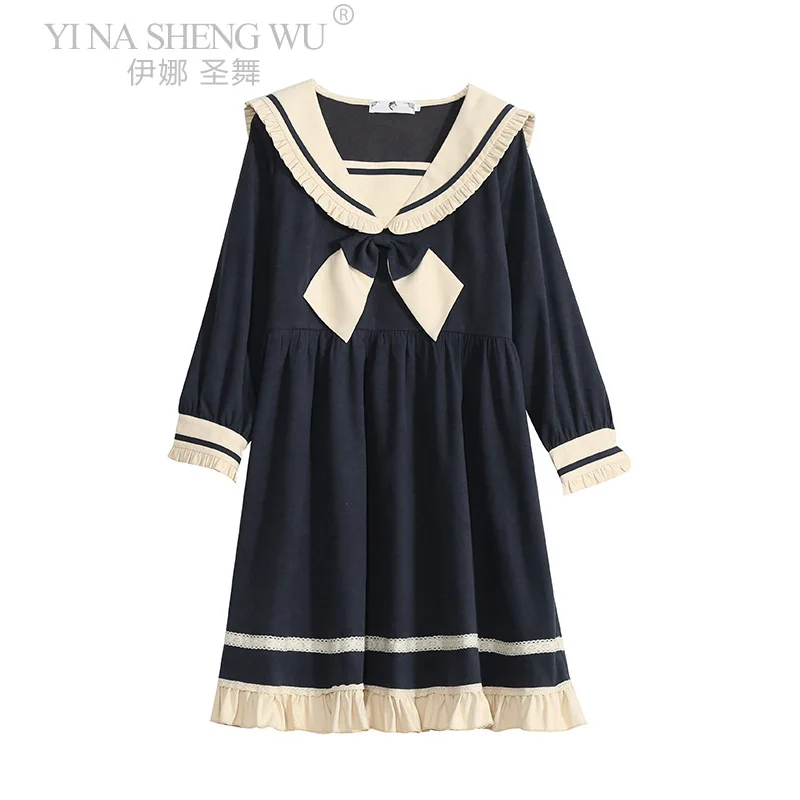 

Japanese Fashion Bow Navy Style Loose Long Sleeve Dress Adult Summer New JK School Girls Uniform Estudiantes Lolita Style Dress