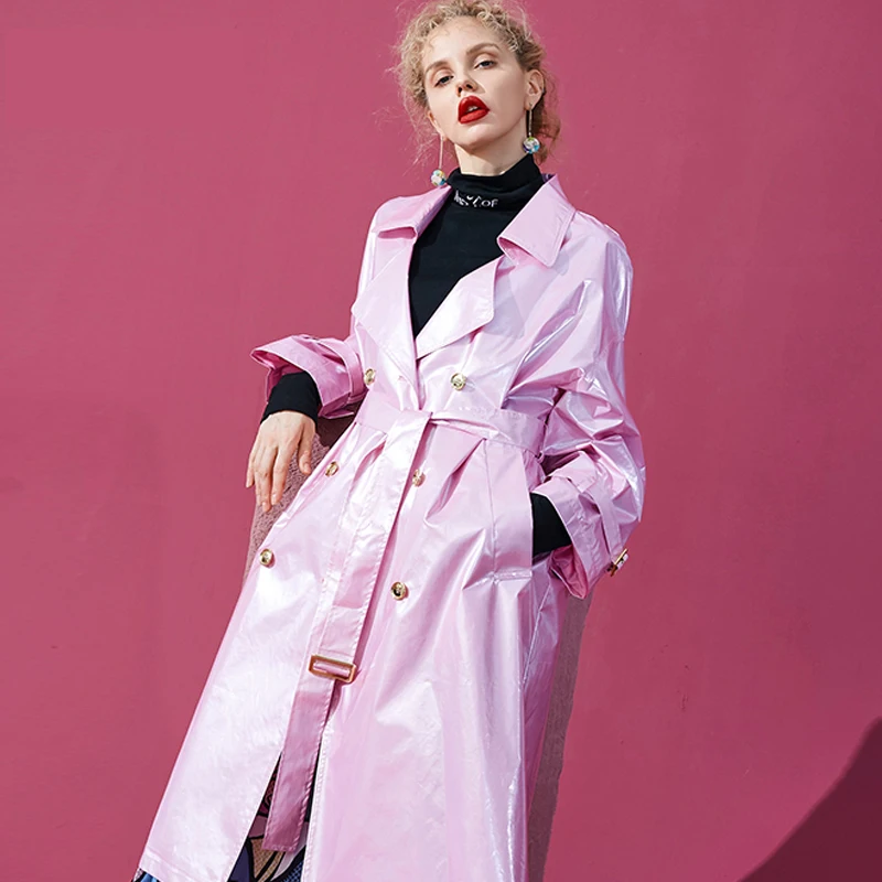 Lautaro Pink long patent leather trench coat for women long sleeve double breasted oversized high fashion womens clothing 2020